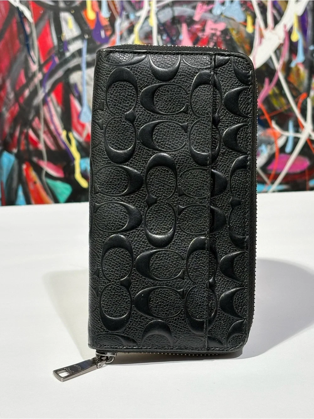 Coach Black Embossed Signature Leather Zip Around Wallet